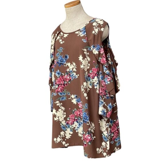 ODDY Dress Cold Shoulder Midi Shift Brown Floral Size 3X - Picture 2 of 15